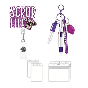Expandable badge clip set featuring purple colorways and nurse uniform designs; includes a 5-piece key ring pen set, six colors of ballpoint pens, markers, an ELD light, and a waterproof ID card holder; suitable for nurses and office use. outdoorfun