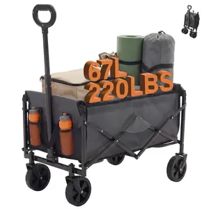 Folding Utility Wagon Cart, 67L Capacity Holds 220lbs – Heavy Duty Collapsible Wagon with Detachable 360° Rotating Wheels and Brakes, Waterproof Oxford Fabric, Adjustable Handle for Camping Beach Shopping Gardening
