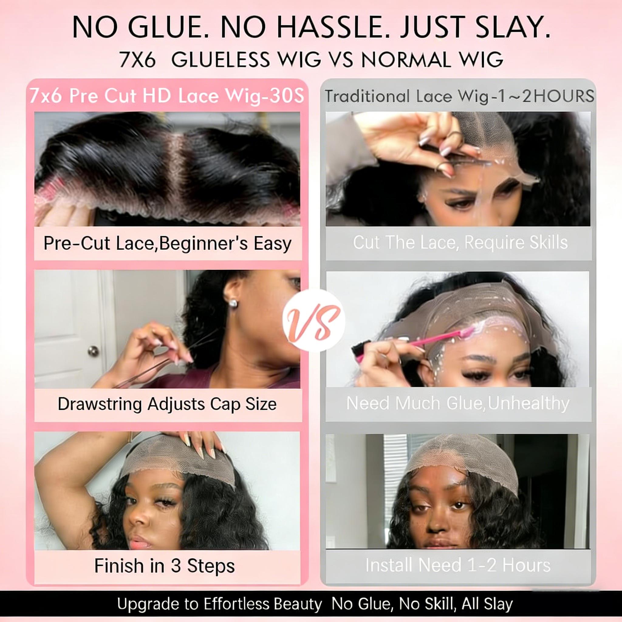 [Upgrade Drawstring ]GOULUS 7×6 Glueless With Drawstring Deep Wave Ready To Go Wig Pre Cut HD Lace No Glue Needed Perfect for Beginners Super Easy to Put On & Take Off Burmese Curly Natural Looking Hairline Full Density Human Hair For Black Women