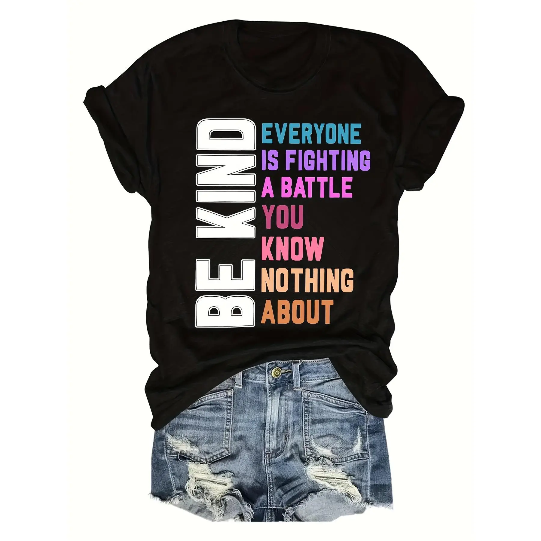 Women's "Be Kind" T-Shirt, Casual Crew Neck Garment with Inspirational Quote Digital Print, Short Sleeve All-Season Top, Unisex, Clothes, T Shirts, Loose, Women's Clothes, Graphic Tee, Casual Wear