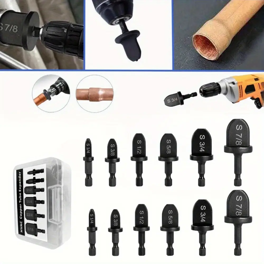 12-Piece HVAC Copper Tube Flaring & Expander Drill Bit Set, Ball Bearing Steel Car Repair Tool with 1/4"-Hex Shank, Multi-Size (3/4",5/8",1/2",3/8",1/4") for Impact & Power Drills, Leak-Proof Fit Air Conditioner Repair