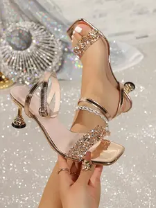 Sparkly Full Rhinestone Goblet Heel Sandals Luxury Square Toe One Band Party Prom Women Shoes