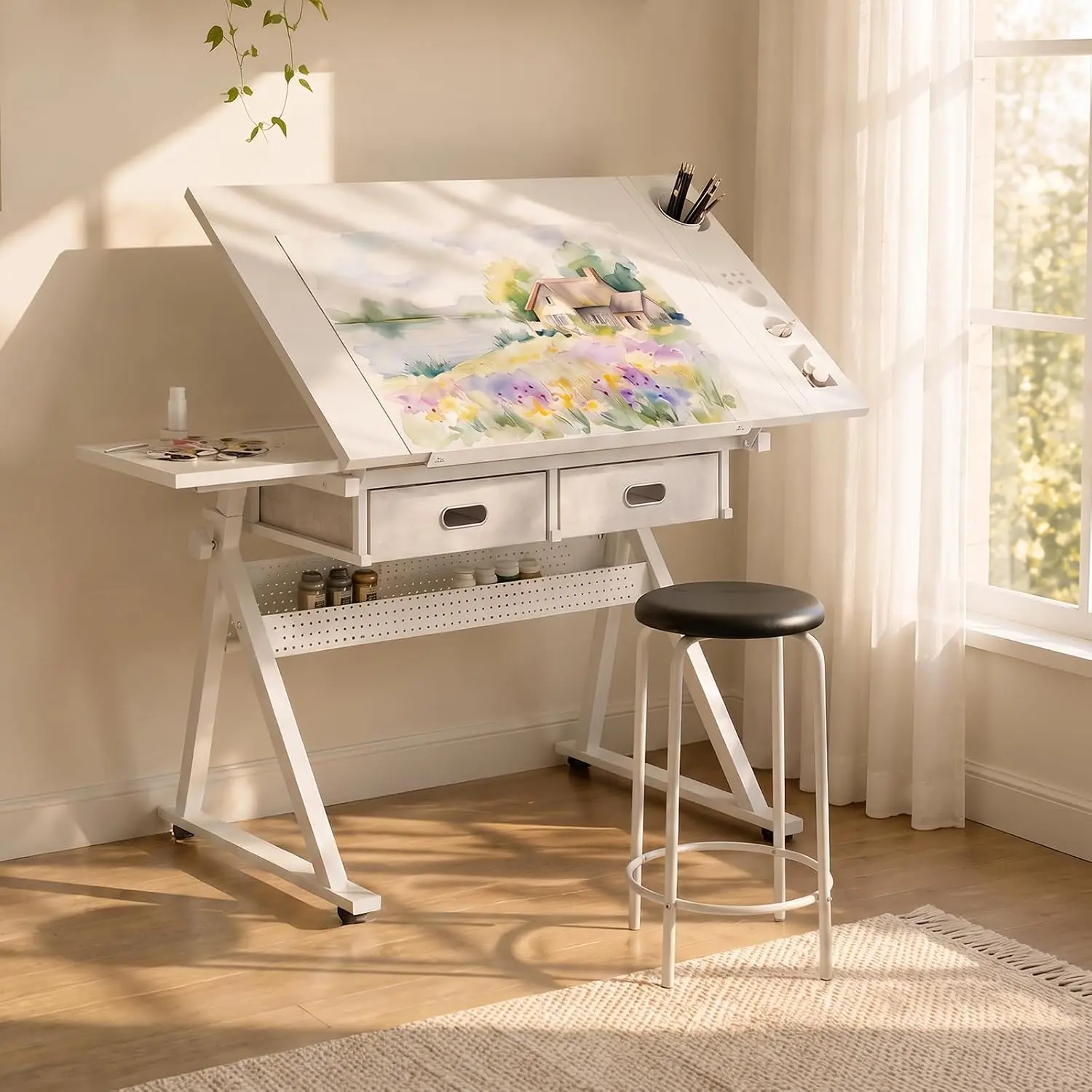Height Adjustable Drafting Table with Stool, Drawing Art Desk with 2 Drawers, Artist Table with 75° Tilted Tabletop, Sketching Painting Artwork Station for Home Office School Reading, Crafting, White