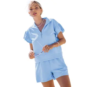 Women's 2-Piece Ribbed Texture Half-Zip Ruffle Short-Sleeve Top and Shorts Set, Casual Summer Tracksuit, Women's Clothes, Clothes