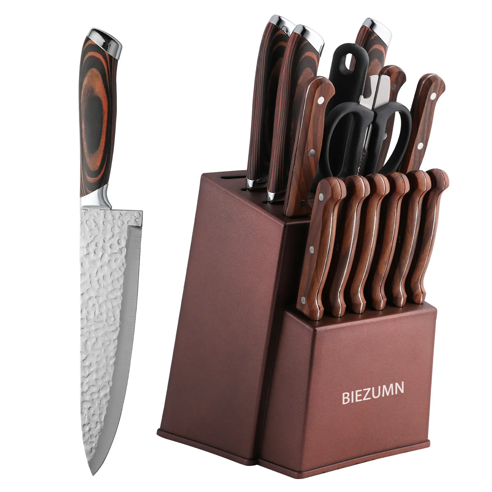 15-Piece Hammered Stainless Steel Kitchen Knife Set with Knife Block, Sharp Forged Chef Knives, Wooden Handle Kitchen Cutlery Set with Scissors & Honing Rod, Complete Home Cooking Knives Gift Set
