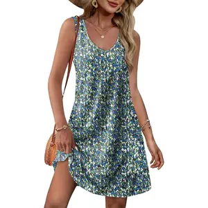 Womens Summer Dresses 2025 Loose V Neck Sleeveless Sundresses Swimsuit Coverup with Pockets Floral/Plain/Eyelet