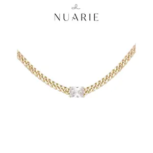 NUARIE Women's Gold-Plated Cuban Link Design Chain Jewelry Necklace - Short Choker, Elegant Square Pendant Collarbone Chain, Cubic Zirconia Accent, Modern Versatile Accessories Costume Jewelry Gift