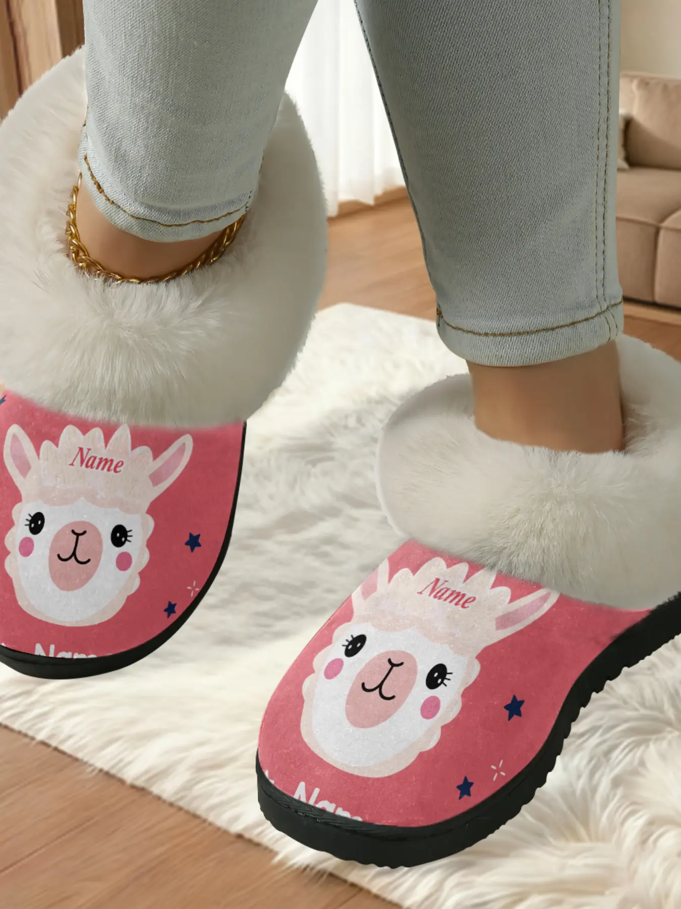 Cute Alpaca Printed Cotton Slippers, Sweet Soft Fluffy Style, Fuzzy Lined Anti-Slip Thick Rubber Sole, Home Warm Shoes for Men and Women Fall Winter