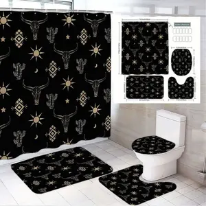 1/4pcs Black & Gold Western Bathroom Decor Set, Shower Curtain Sets with Bull Skulls, Suns, Cacti, Geometric Patterns - Matching Toilet Seat Cover, Lid Cover, Rectangular Bath Mat & Oval Rug, Perfect for Boho Cowboy Themed Bathroom, Ideal for Christmas,