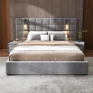 Upholstered bed,with reading lamp and USB port, wide headboard,without bedside tables and mattress, velvet, grey