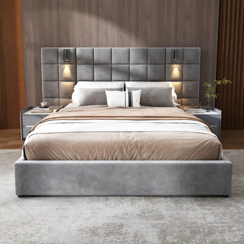 Upholstered bed,with reading lamp and USB port, wide headboard,without bedside tables and mattress, velvet, grey