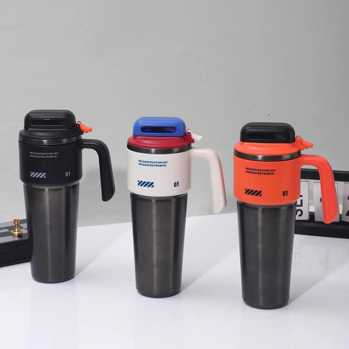 Mecha-Style 1000ml Stainless Steel Copper Leak-Proof Vacuum Flask - Built-In Straw-Handle, Hidden Storage, Portable Car Tumbler Style Drink-Keeping Vacuum Flask
