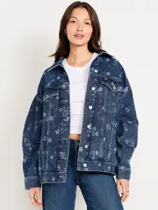 Old Navy Women's Oversized Floral Print Jean Trucker Jacket