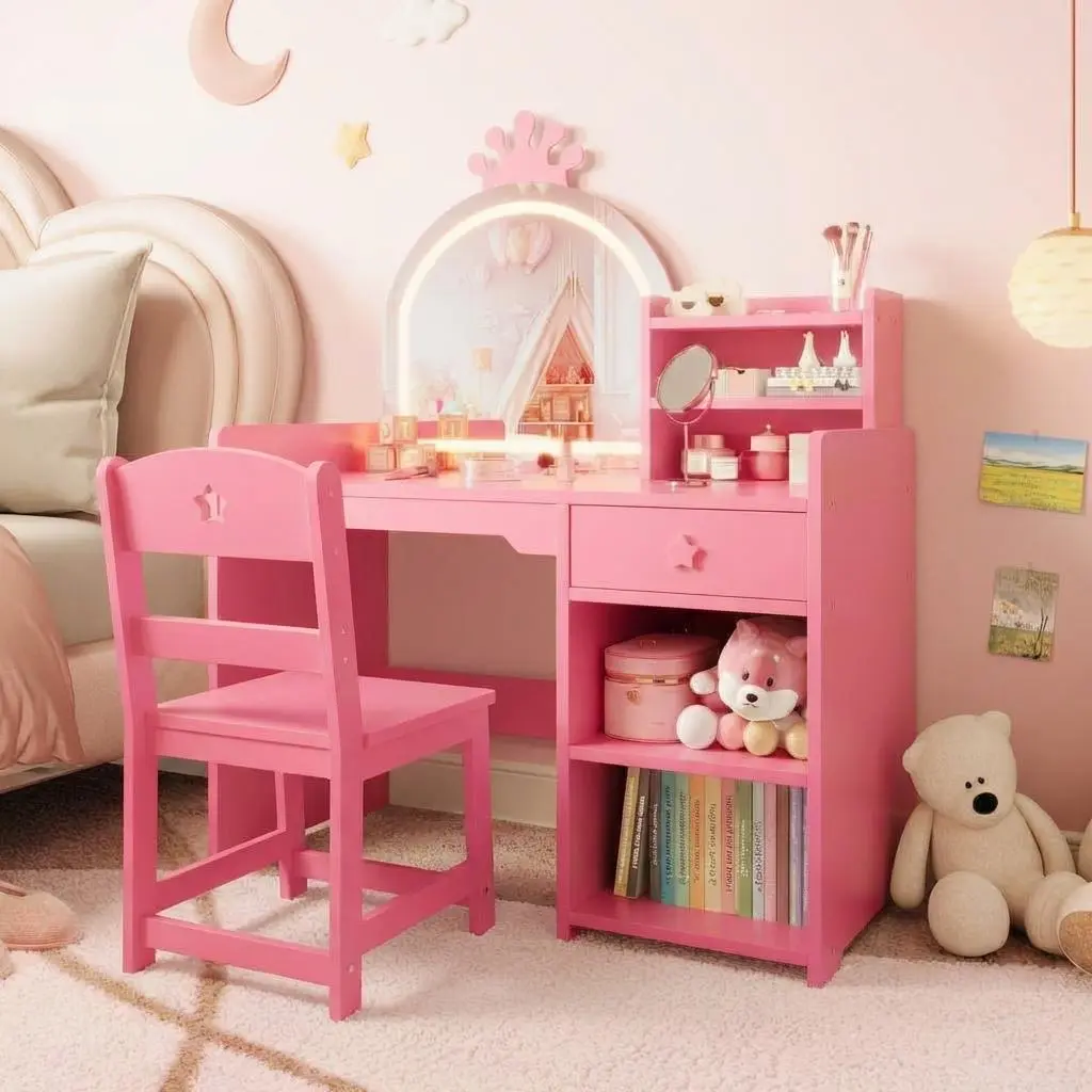 Generic Brand LED Lights Pink Vanity Makeup Desk Set - 2-in-1 MDF Wooden Kids Princess Pretend Play Furniture with Chair, Drawer, Open Shelves, Simple Wipe-Clean Surface, for Little Girls' Bedroom, Holidays/Birthdays Gift