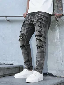 Men's Slim Fit Distressed Ripped Gray Jeans, Lightweight Button Fly Denim Pants for Streetwear, Travel & Casual Outings