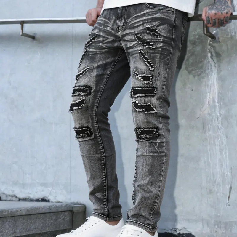 Men's Slim Fit Lightweight Cotton Denim Jeans - Distressed Ripped, Button Fly, Pocketed, Casual Streetwear Fashion Trousers