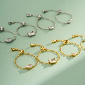 Oufer 14K Gold Plating CZ US Ring Size 3-13 Adjustable Oval  Chain Ring For Women Gift Real Gold Plating