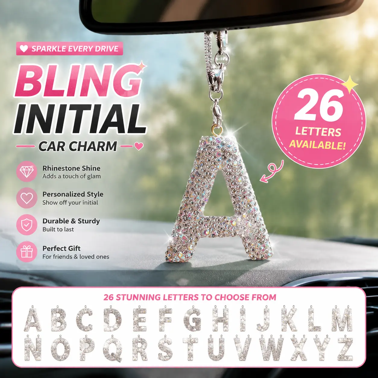 Sparkling Rhinestone 26 Initial Letter Car Mirror Hanging Ornament, Aesthetic Crystal Alphabet Vehicle Charm, Bling Girly Auto Interior Decoration, Personalized Name Monogram Pendant Keychain Styling Accessories Gift