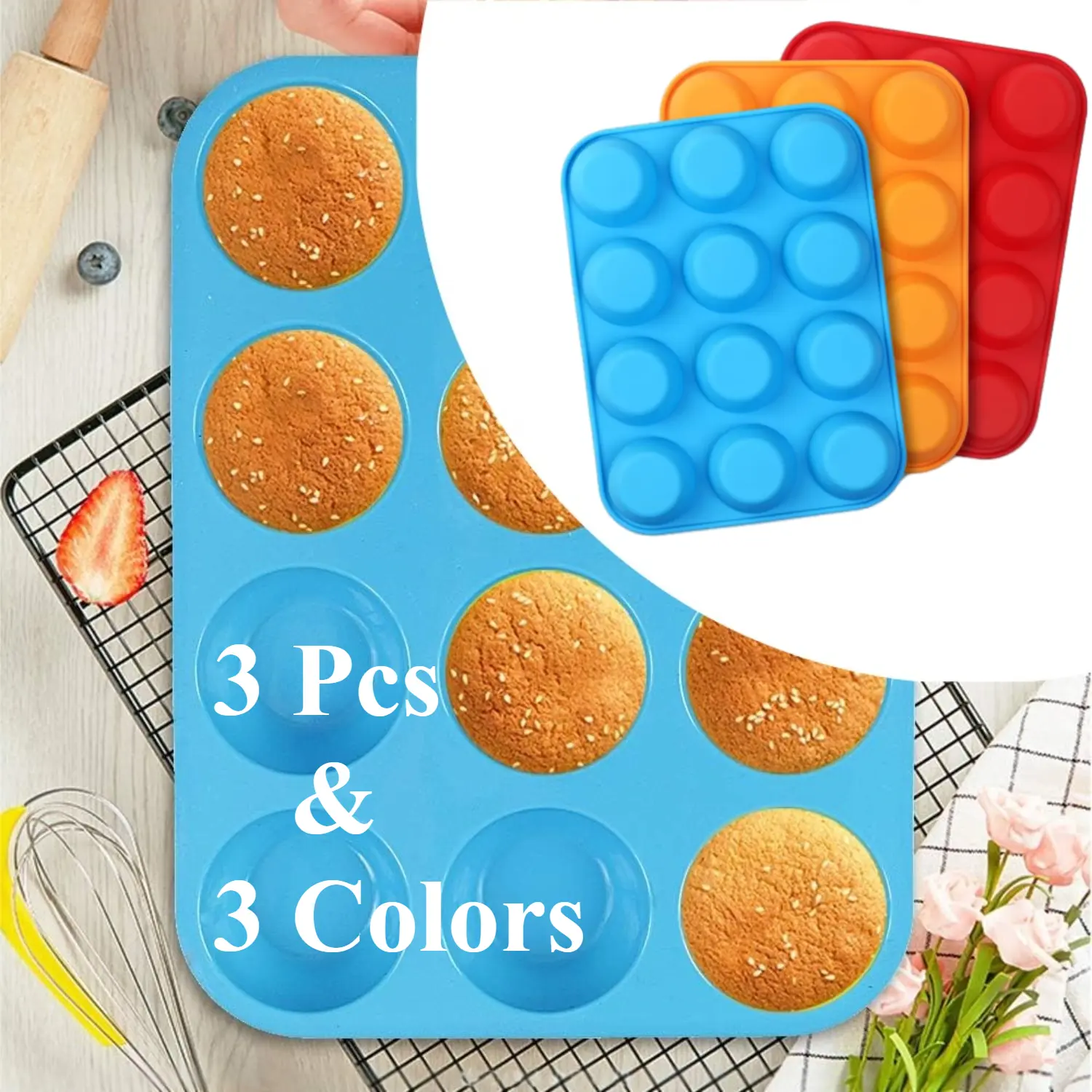3 Pcs Food-Grade Silicone Muffin Trays - Flexible 12-Cup Non-Stick Mold, Easy Release Cupcake Pans, Durable Home & Festive Baking Accessories for Halloween, Christmas