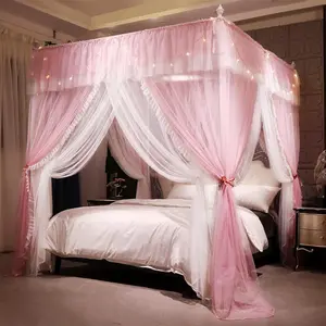 4 Corners Post Ruffle Princess Bed Canopy Curtain Double Layer Cozy Drape Netting 4 Opening Mosquito Net for Girls Adults Bedroom Decoration Pink/Whtie 53" W*78" L*82" H (Full)