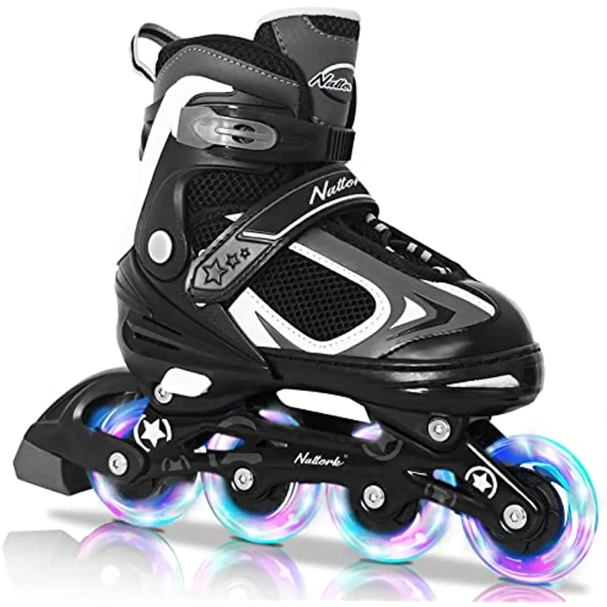 Nattork Adjustable Size Kids' Inline Skates Model 139 Black - Breathable Mesh, Light-up Wheels, High-top Support, 1-Push-Change Size Adjustment, Buckle, Ankle Protection, Smooth Glide, ABEC-7 Bearings, Beginner Skating Gear, Indoor Skating, Outdoor Use, S