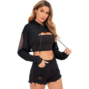 Women's Sheer Fishnet Drop Shoulder Drawstring Hoodie Crop Sweatshirt