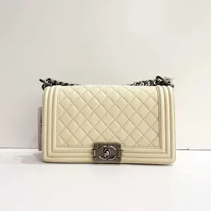 Pre-owned CHANEL Medium Beige Le Boy Shoulder Bag Entrupy Collection Quilted Leather with Chain Strap