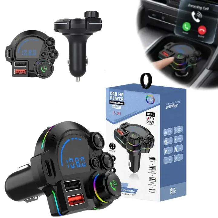 Upgraded RGB Glowing Wireless MP3 Player, PD 20W Type-C Fast Car Charger & Bluetooth 5.3 FM Transmitter, Dual USB Ports, Deep Bass Sound Booster, Hands-Free Calling & Road Trip Car Essentials, 12V-24V Compatible