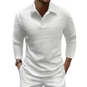 Spring and Autumn men's textured fabric long sleeved solid color texture polo shirt, with a collar and stripe design, suitable for wearing in spring and autumn, very suitable for daily casual dating wear, versatile sports autumn clothing men's top