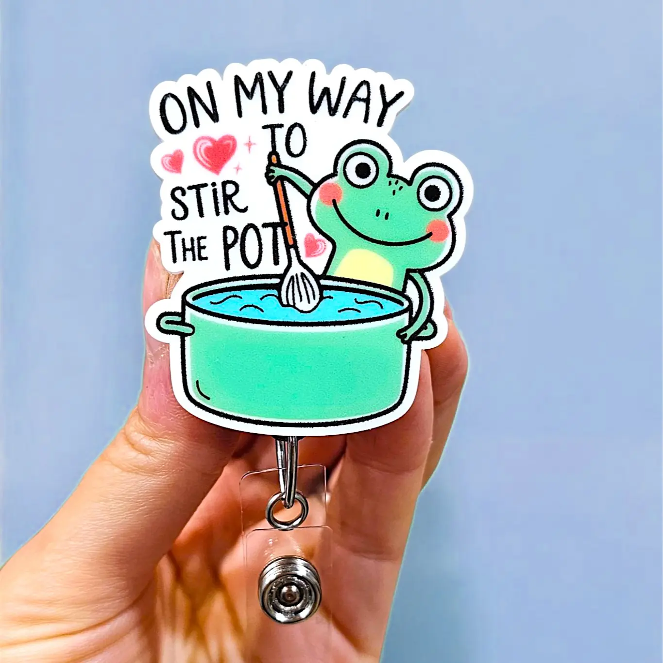 On my Way to Stir the Pot Badge, Xray Girl Creations, Funny Badge reel for nurses, xray techs and hospital workers. Retractable swivel clip with a 360 rotation. Great gift for coworker. Cute Badge for Work. Badge clip, Badge pull