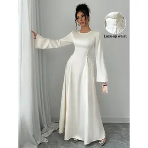 Elegant Apricot A-Line Cinched Waist Flare Sleeve Dress Maxi Satin Women's Outfit