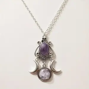 Triple Moon Goddess Amethyst Pendant Necklace - Unique Bohemian Ladies' Gift Jewelry cross necklace