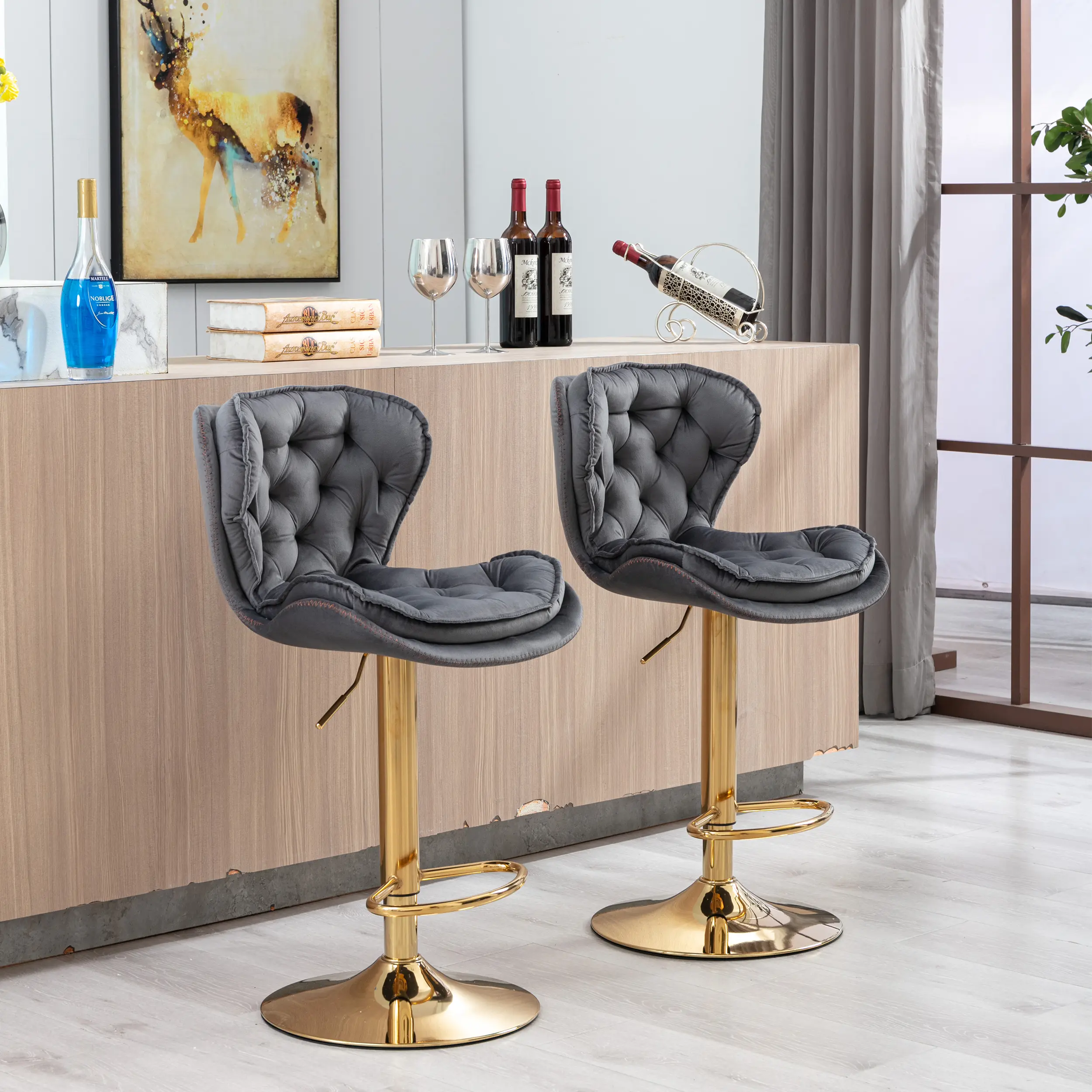 Modern Upholstered Velvet Bar Stools Set of 2, Adjustable Height Tufted Swivel Bar Chairs with Golden Base & Chrome Footrest, Counter Height Island Stool for Kitchen Island, Pub and Salon