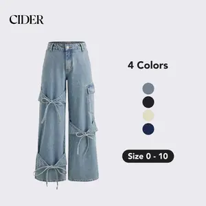 Cider Denim Mid Rise Solid Bowknot Pocket Wide Leg Jeans