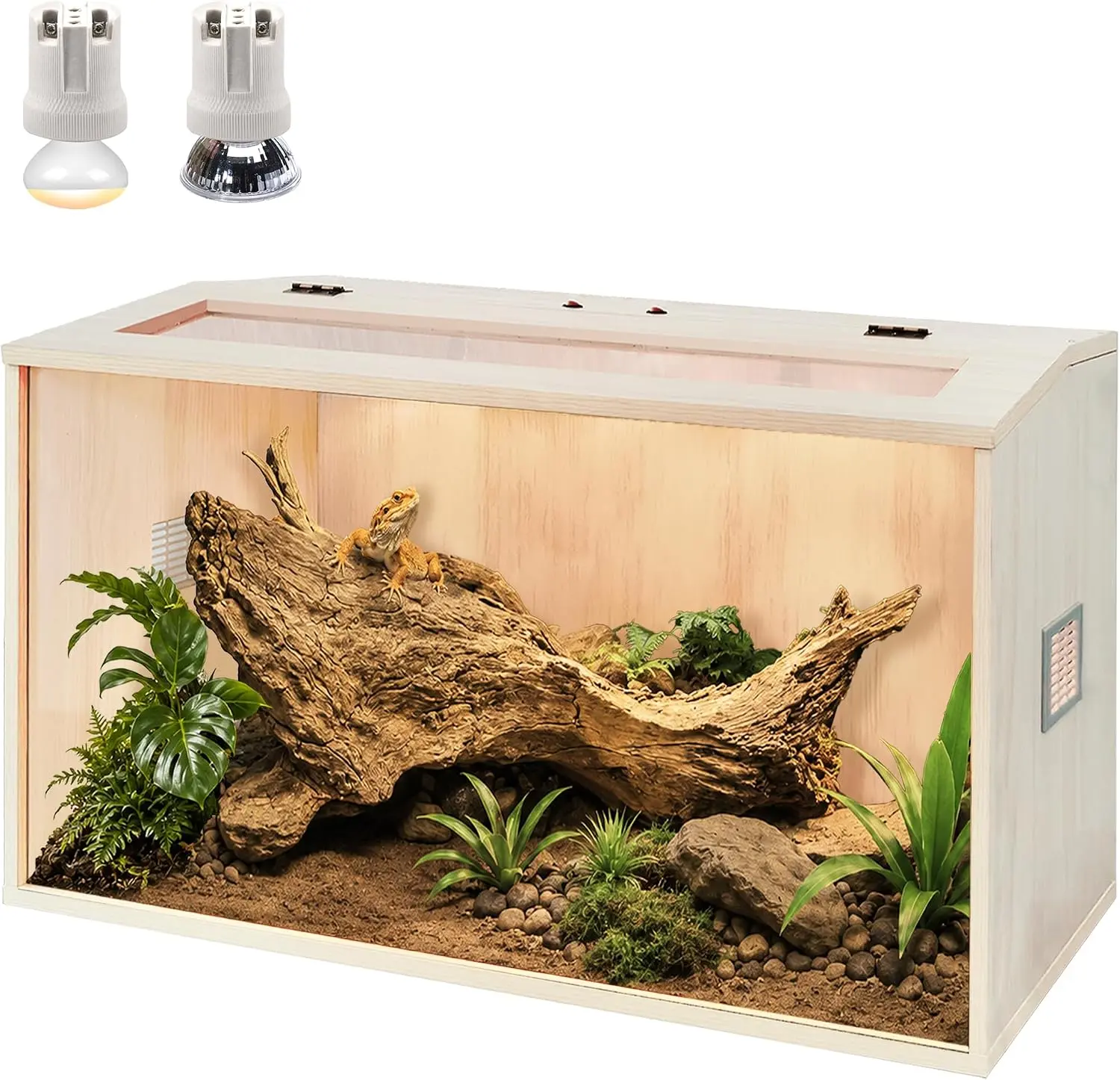 PROLEE 24 Gal Wood Rectangle Bearded Dragon Enclosure, Tempered Glass Terrarium with Built-in Lamp Fixture, Quick & Easy Setup, Natural Wood Grain (24x16x16in), Reptile Enclosure