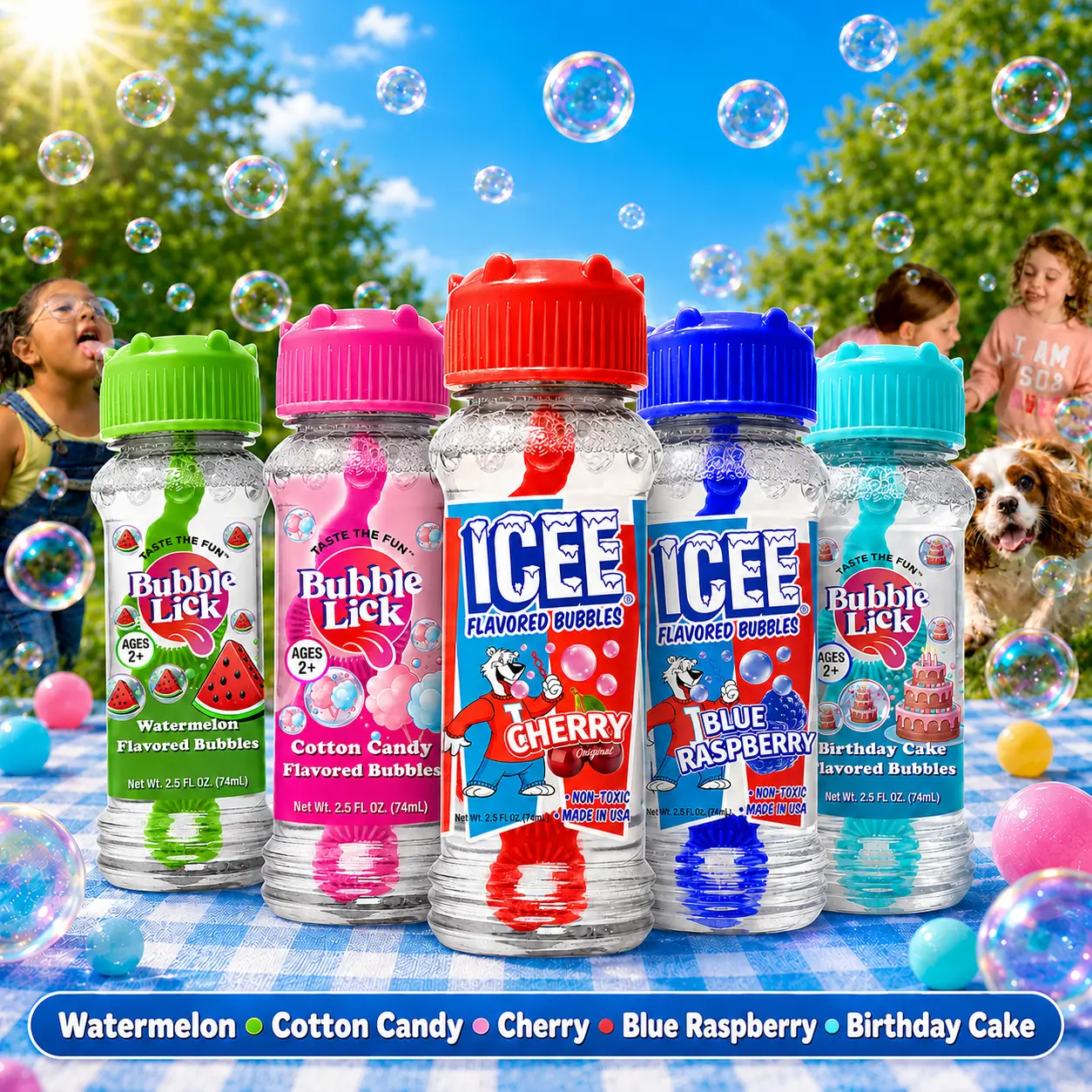 Bubble Lick Edible Bubbles are safe-to-taste, flavored bubble solutions designed for kids and pets to chase, pop, and lick. Created by pediatricians and made in the USA.