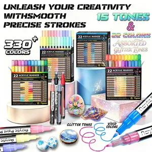330 Colors Flysea 0.7mm Acrylic Markers Set, 22 Fine Tips, 15 Shades, Quick Dry, Waterproof, Ideal for Art, Craft, DIY Projects, Art Marker Pens