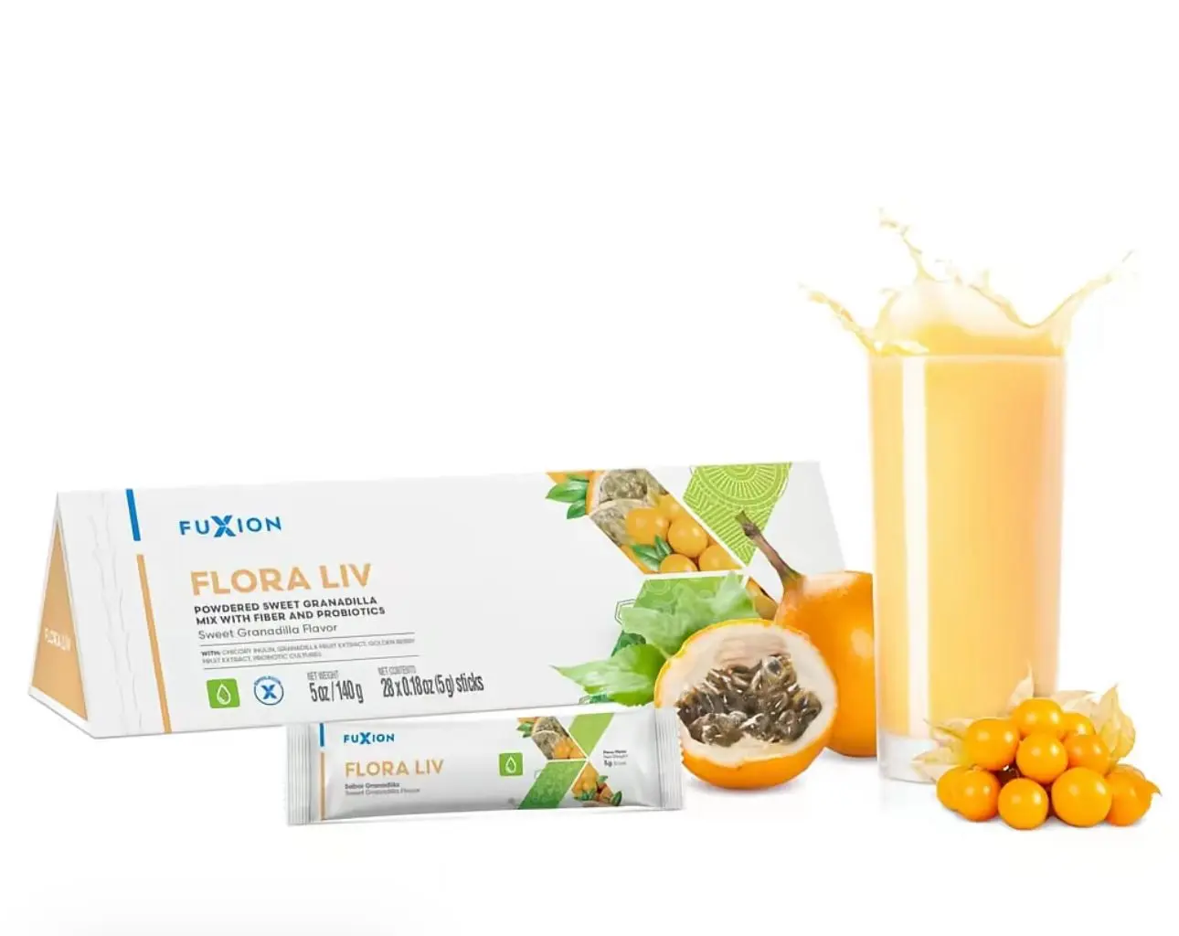 FLORA LIV DE fUXION- Bebida en polvo sabor frutal, presentación en sobres individuales fáciles de preparar.
