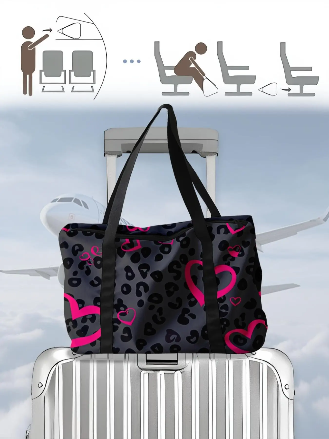 Leopard Heart Pattern Travel Bag, Large Capacity Travel Bag, Portable Overnight Bag, Fashion Travel Bag, Multifunctional Travel Bag, Yoga Training Bag, Versatile Use, Portable Travel Gear, Trip Bag