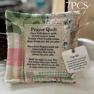 1 Set of 7 Pcs Vintage Prayer Blanket Square with Cross Inside, Mini Handmade Quilt, Colorful Stitched Blessing Poem Throw, Home Decor Gift Idea