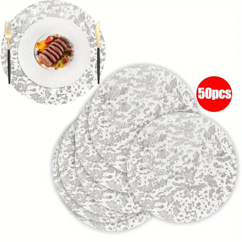 50-Pack 13 Inch Round Foil Mesh Pressed Table Doilies, Ultra-Thin Disposable Placement Mats, Disposable Silver Placemats Set for Home Decoration Dining Table Wedding Birthday Party