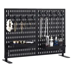 Garvee Portable Tabletop Peg Board Display Stand with 10 Hooks and 2 Trays, Freestanding Plastic Pegboard for Vendor, Office, Home, Dorm, Apartment Use, No Drilling Required, Black