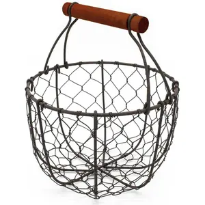 Round Chicken Wire Egg Basket Fruit Basket with Wooden Handle Primitives Vintage Rusty Gathering Basket