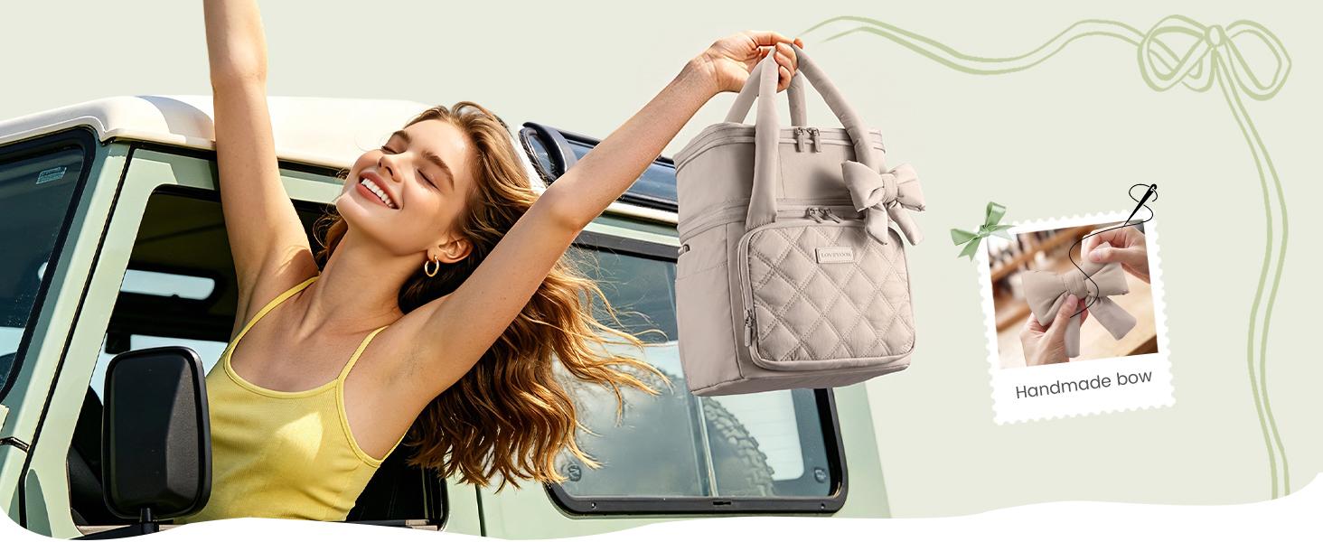 LOVEVOOK Insulated Lunch Bag Women,Expandable Double Deck Adult Lunch Box Women with Cup Holder,Bow Quilted Puffer Lunch Tote,Large Leakproof Collapsible Cooler Bag for Work College Picnic Meal Prep