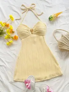 Vacation Style Halter Dress, Starfish Buckle Hollow Out Design, Textured Fabric, Beach Photo Short Skirt, Casual Fitted Dress