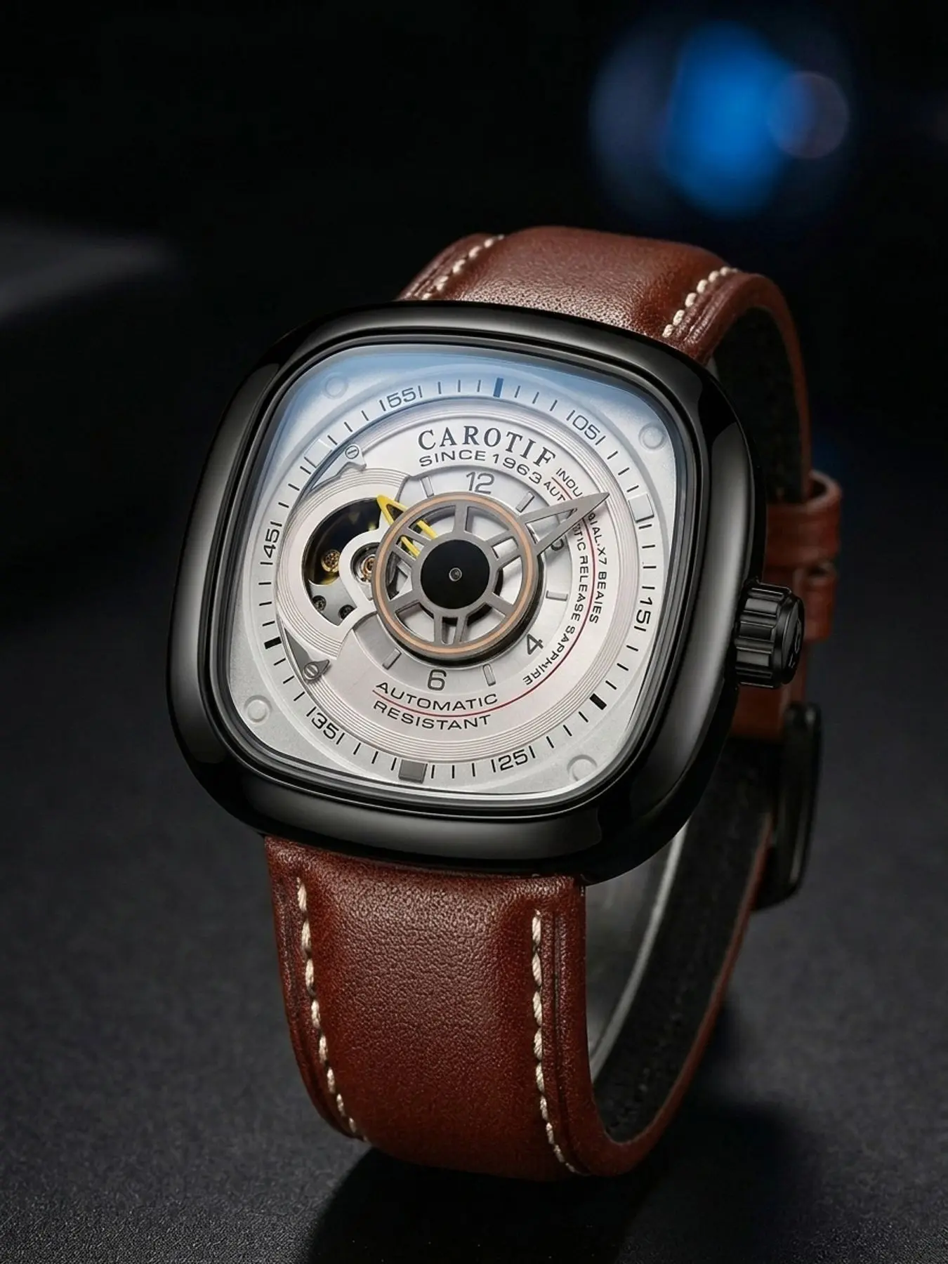 Men's Square Mechanical Watch, Hollow Design, Leather Strap, Trendy Casual Wristwatch, Youthful Style, Daily Wear, Student Friendly