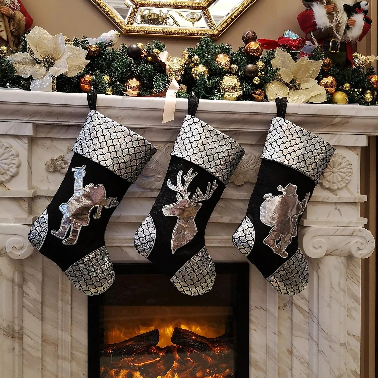 18-Inch Premium Gold Christmas Stockings Set of 3 - Santa, Snowman, and Reindeer Designs for Kids and Family