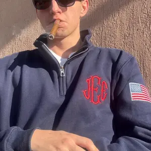 Custom Monogram Quarter Zip Sweatshirt, Embroidered USA Flag Sleeve Sweater, Initials Personalized For Mother's Day, Father's Day Gift