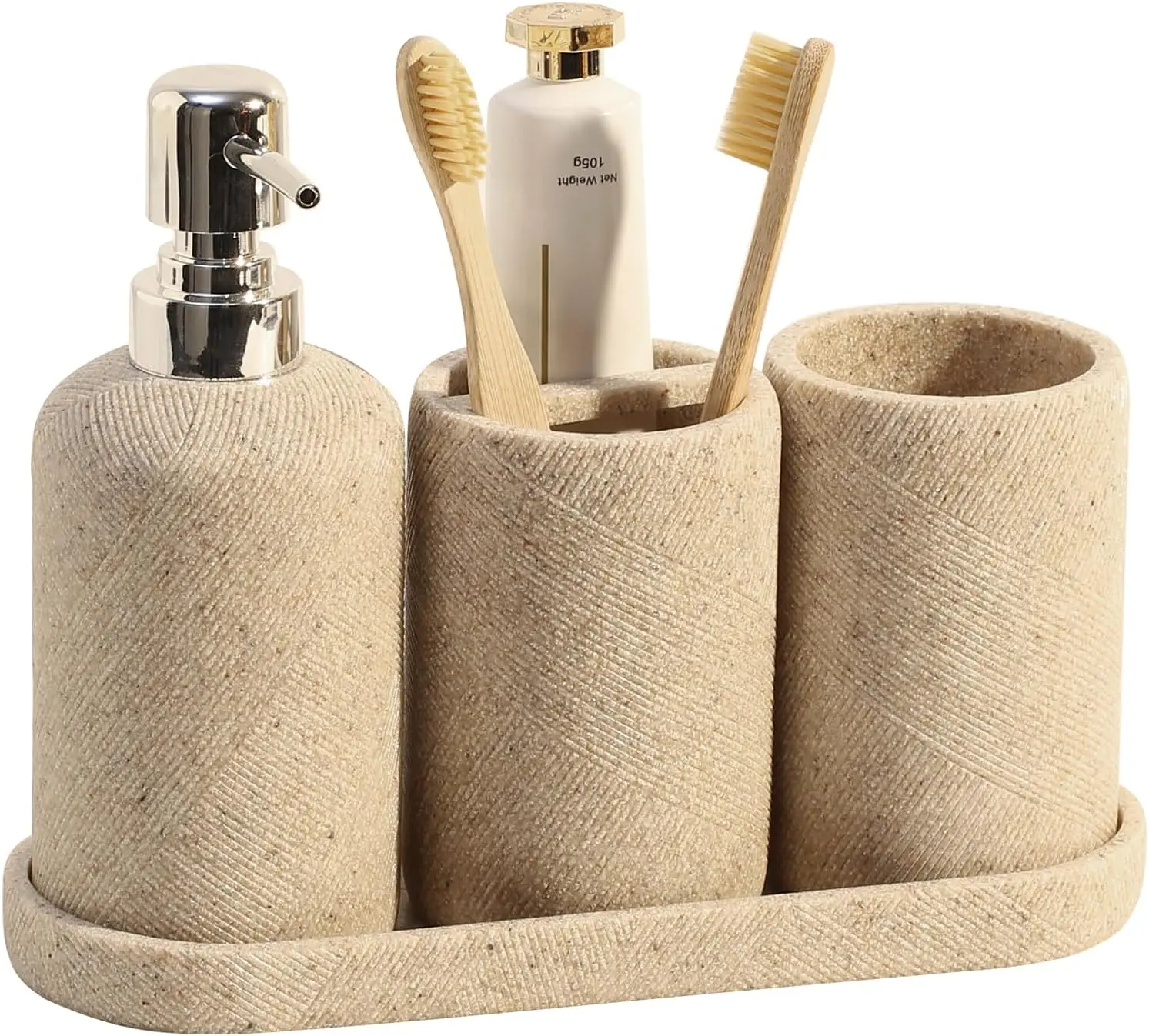 Bathroom Accessories Set, Bathroom Organizer Countertop, Soap Dispenser and Toothbrush Holder, Mouthwash Cup, Tray Set, Vanity Tray for Bathroom, 4 Pieces Modern Decor