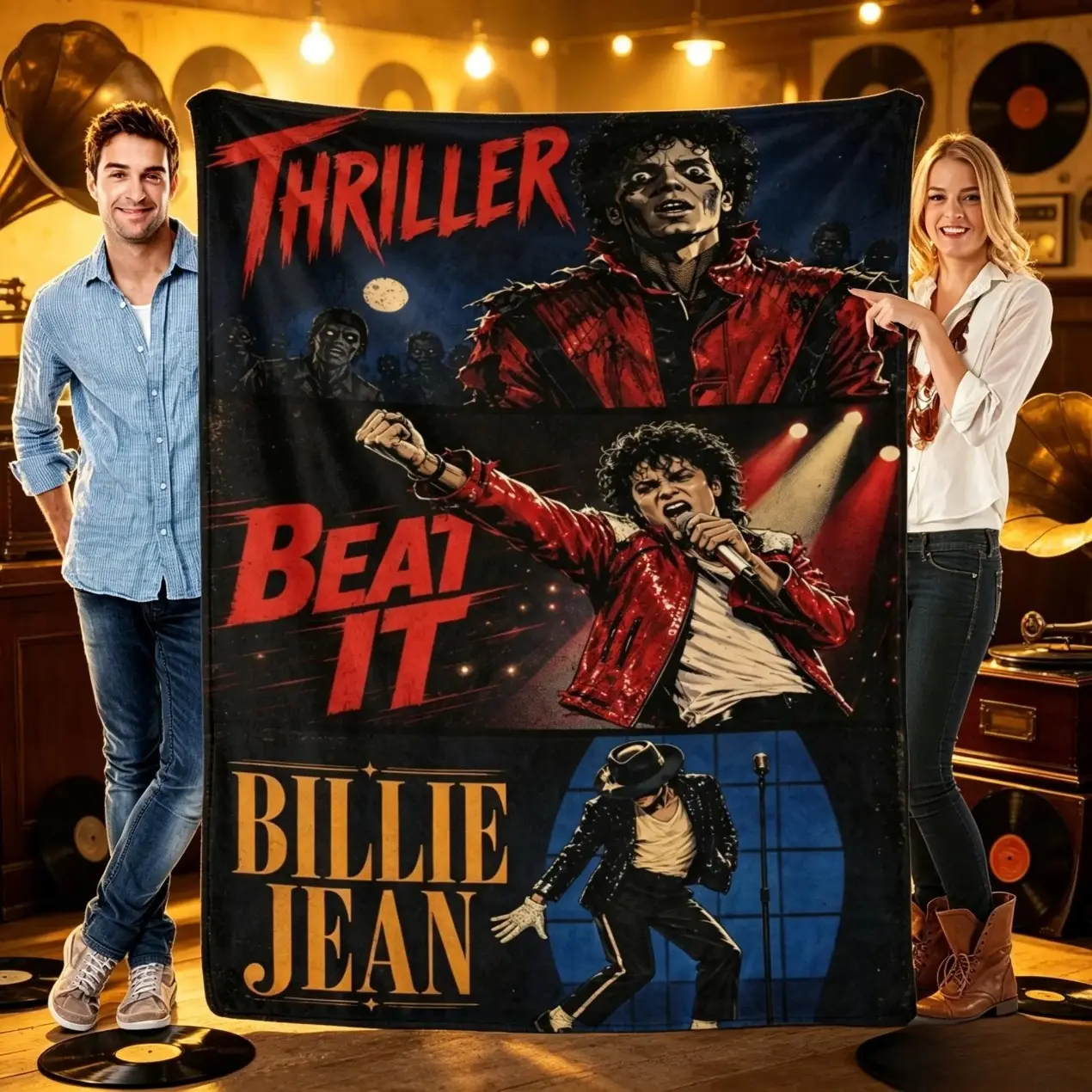 Michael Jackson Thriller Beat It Billie Jean Blanket Soft Fleece Throw For Couch Bed Sofa Travel Iconic Print Cozy Home Decor Birthday Holiday Gift Adults Retro 80s Music Aesthetic King of Pop Memorabilia Fans Bedding